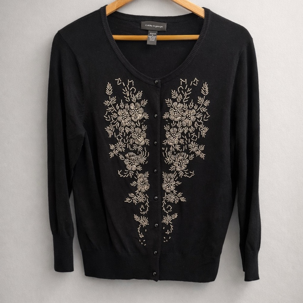 ✨ Vintage Cable & Gauge Black Beaded Floral Cardigan – Size L ✨